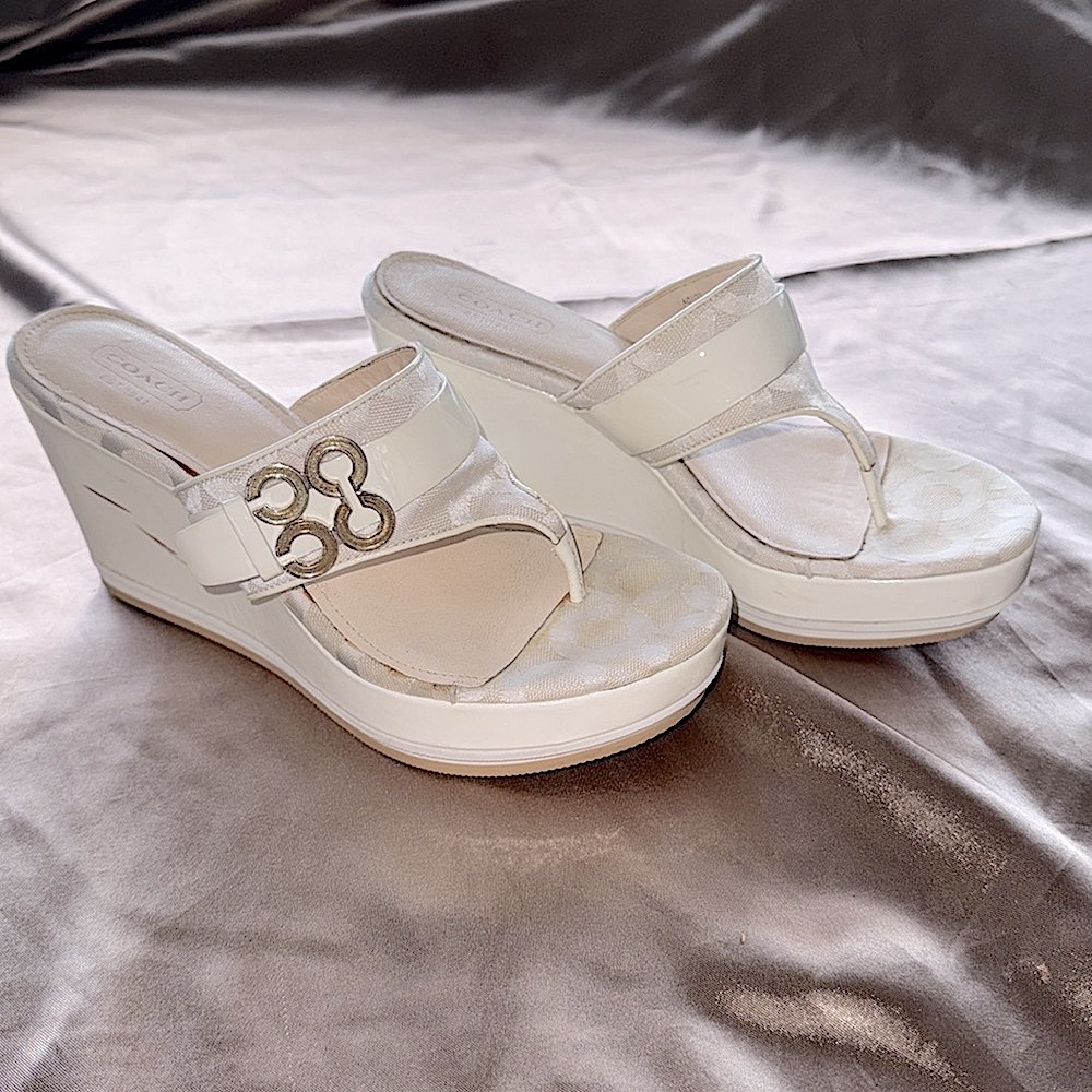 Coach Gypsy Cream Canvas and Patent Leather Platform Sandals Gold Logo Accents